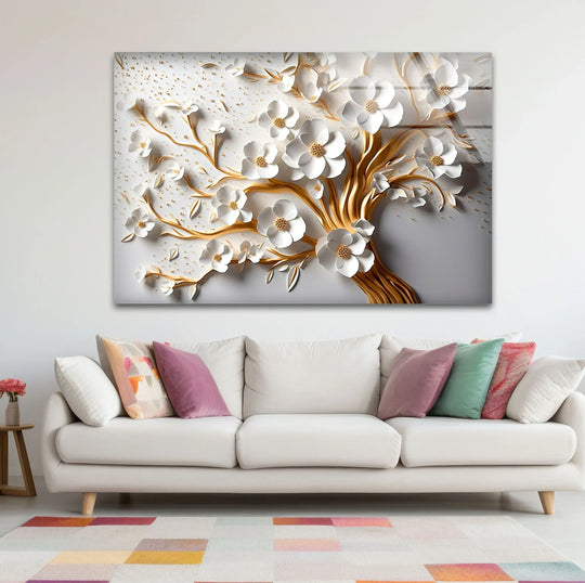 A realistic detailed gold and white flower tree print wall art showcases delicate 3D white blossoms with gold accents on textured white and grey background.