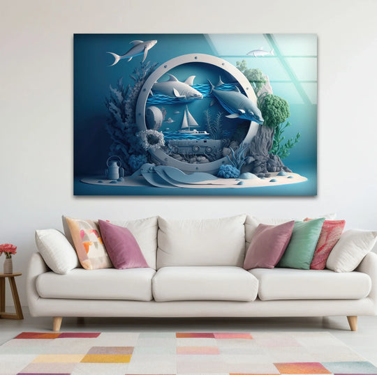 Serene azure ocean background features abstract geometric patterns creating a captivating wall art print.