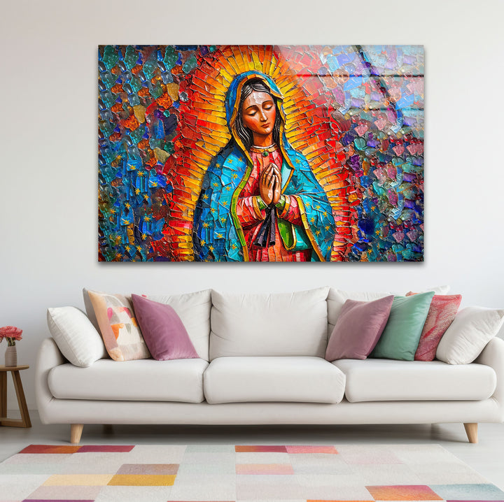 The radiant, glossy finish magnifies the vibrant mosaic details of this religious glass wall art, creating stunning home decor.