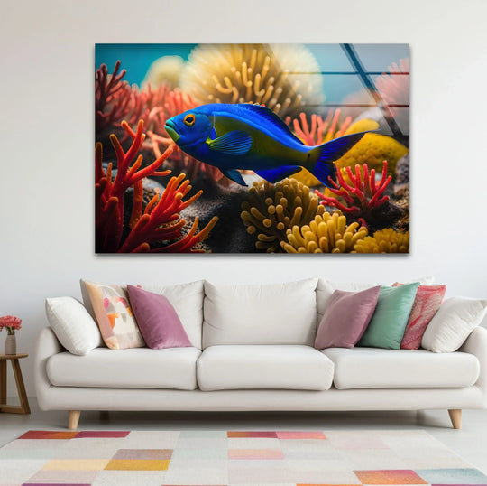 Tropical fish is a horizontal glass wall art and a vibrant ocean decor with blue and yellow colors and a bright marine life motif making it animal wall art on a white wall