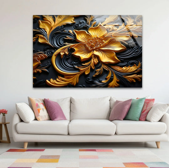 Rich gold blends into deep blacks on this botanical glass art painting, creating a dramatic floral transition.