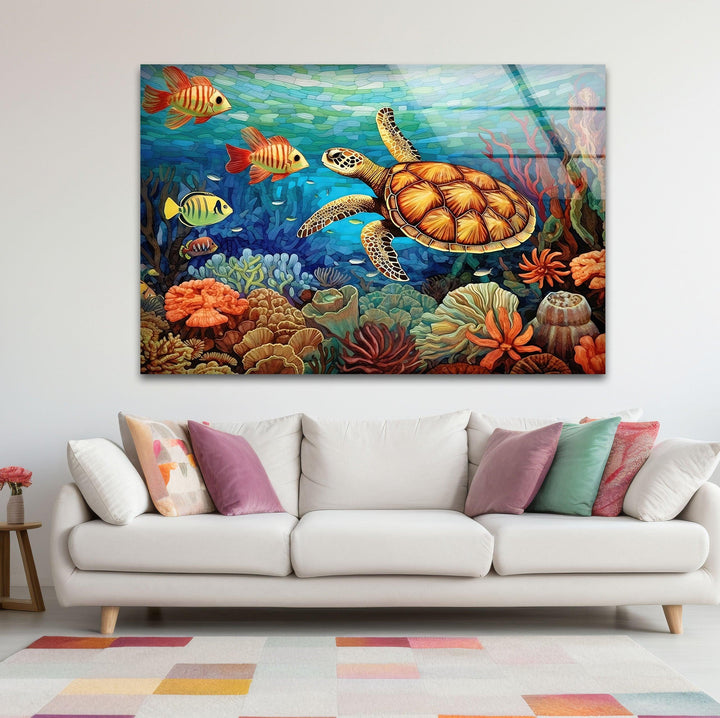 Sea Turtle & Fishes Underwater Glass Wall Art glass pictures for Wall, glass prints wall art
