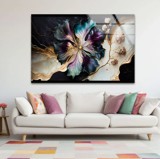 Abstract flower with gold veins on marble background, featured as unique modern wall decor.
