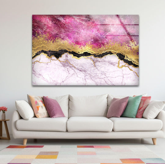 Abstract glass wall art prints showcase organic pink marble forms interwoven with shimmering gold veins.
