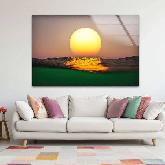 Tempered glass art ensures the golden ocean sunset wall art, a minimalist print with a sun over water, offers both durability and a high-quality, radiant finish.