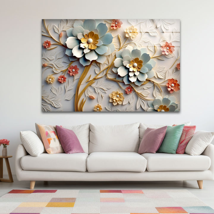 3D-Wandkunst mit blühenden Blumen – Eleganter Blumendruck aus geprägtem Glas 