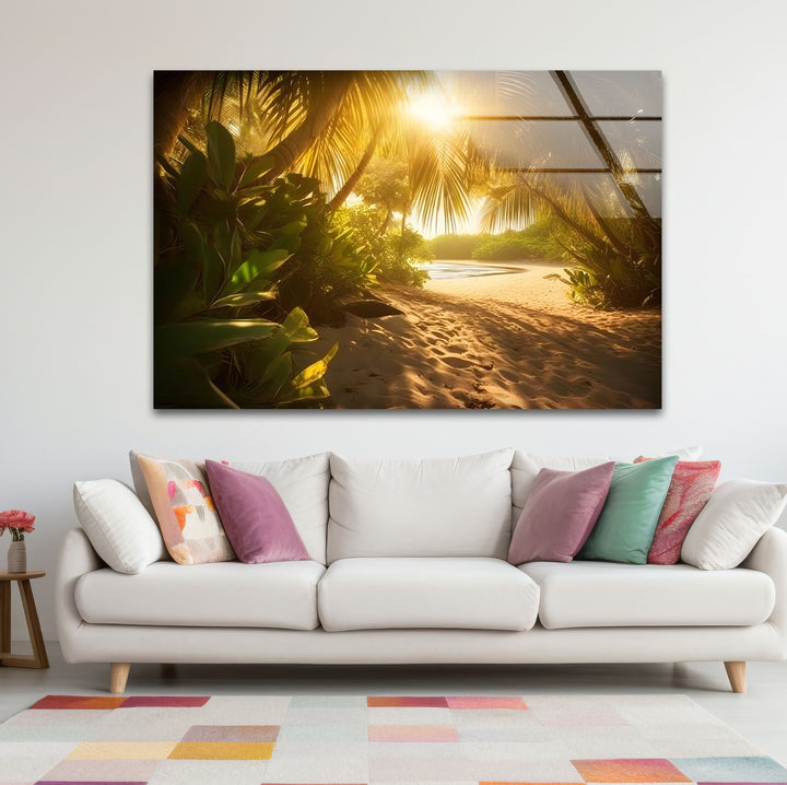 Golden Forest Beach Wall Art – Tropical Palm Tree Pathway Glass Print for Tranquil Nature-Inspired Decor