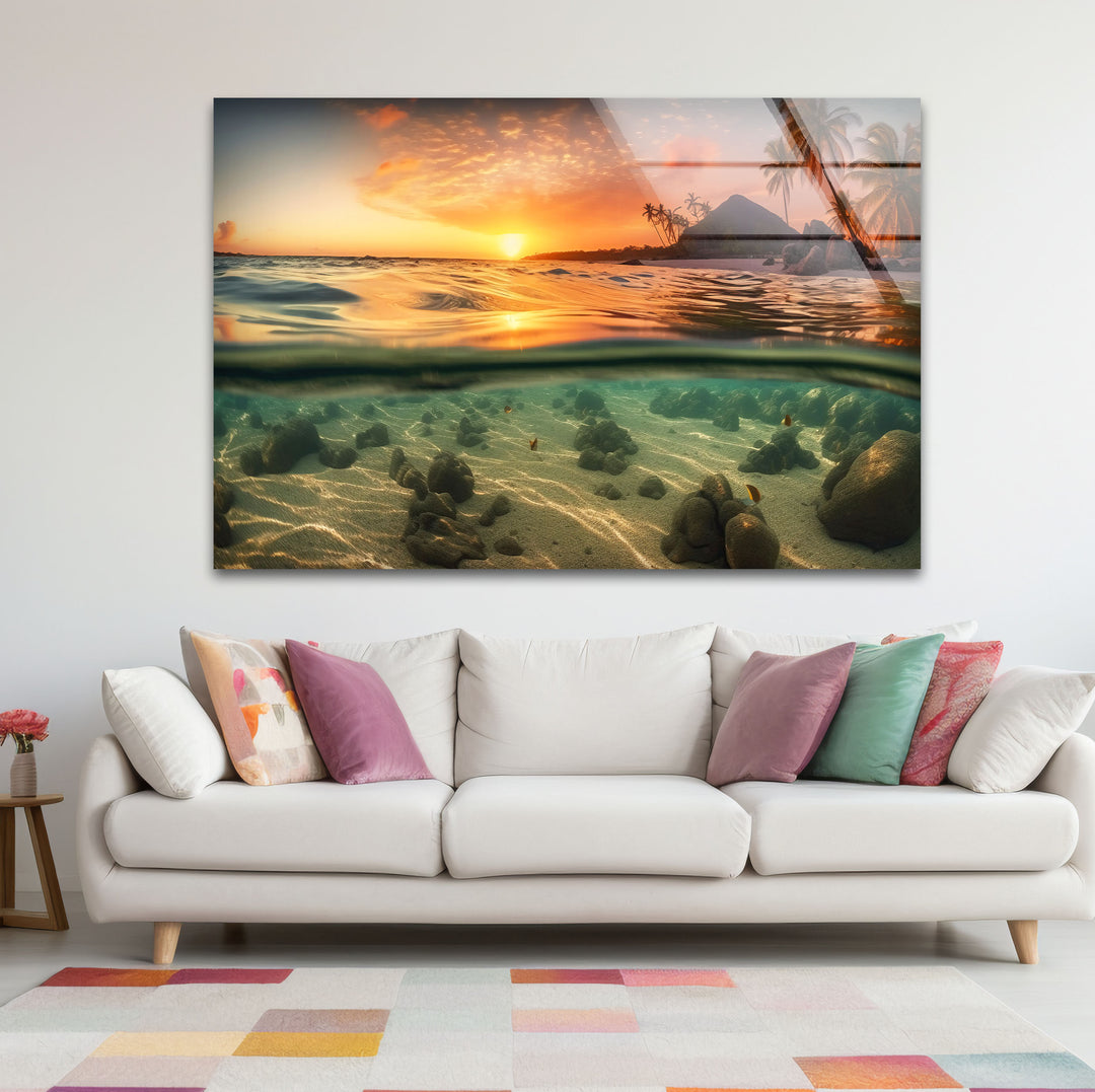 Volcanic Island Sunset Wall Art – Tropical Over Underwater Glass Print