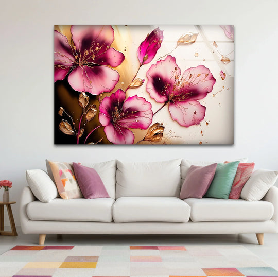 Subtle light and shadow play across the pink floral glass wall art, enhancing its unique modern wall decor, elegant gold petal details, and botanical design.