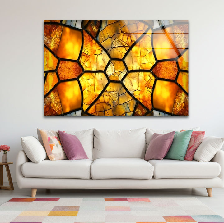 Golden Honeycomb Glass Wall Art – Amber Mosaic Geometric Decor
