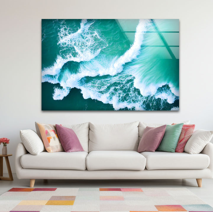 Ocean Wave Aerial Wall Art – Turquoise Sea Glass Print for Modern Decor