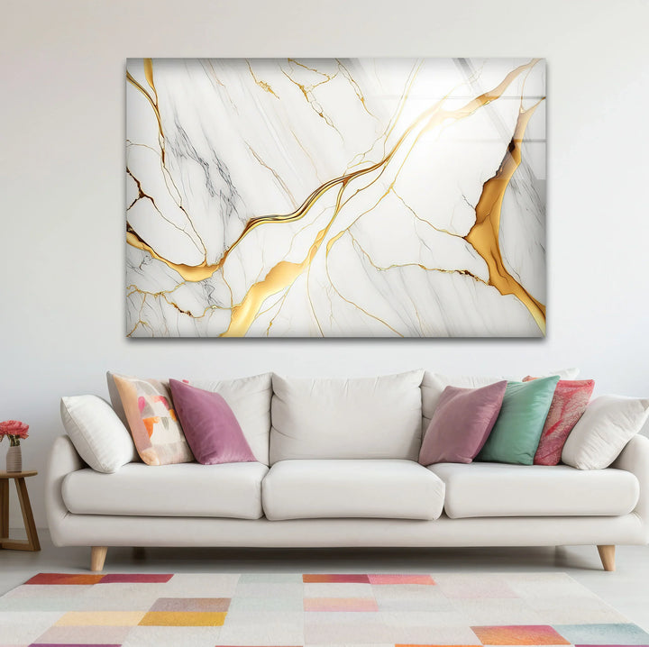 White Marble Wall Art with Gold Veins – Elegant Abstract Glass Print for Modern Luxury Interiors - MyPhotoStation