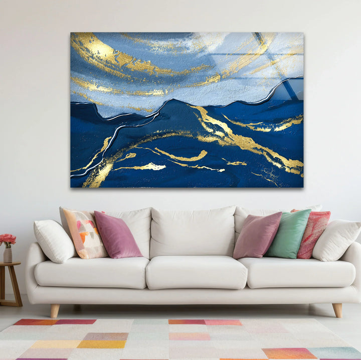 Navy Blue and Gold Abstract Landscape Wall Art – Elegant Glass Print for Modern Living Spaces - MyPhotoStation