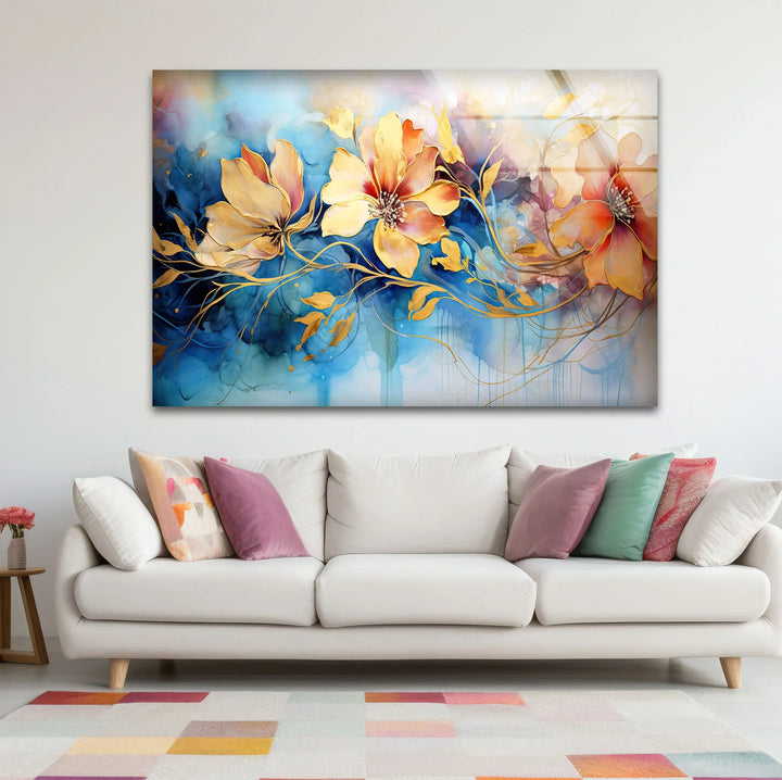 Golden Floral Fantasy Wall Art – Abstract Blue and Yellow Flower Glass Print for Elegant Interiors - MyPhotoStation