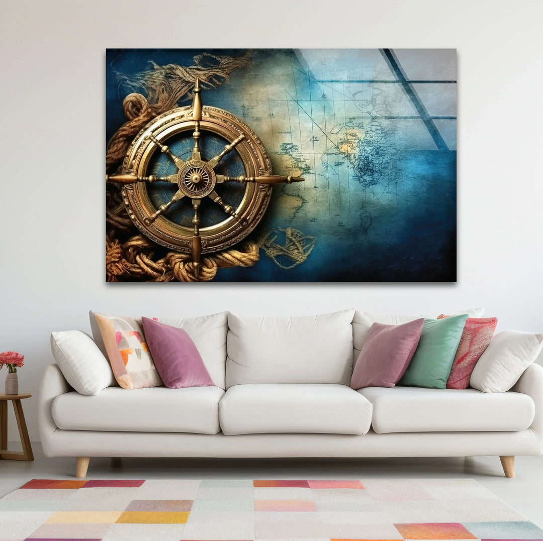 Nautical Compass Wall Art – Vintage Ocean Map Glass Print for Interior Elegance - MyPhotoStation