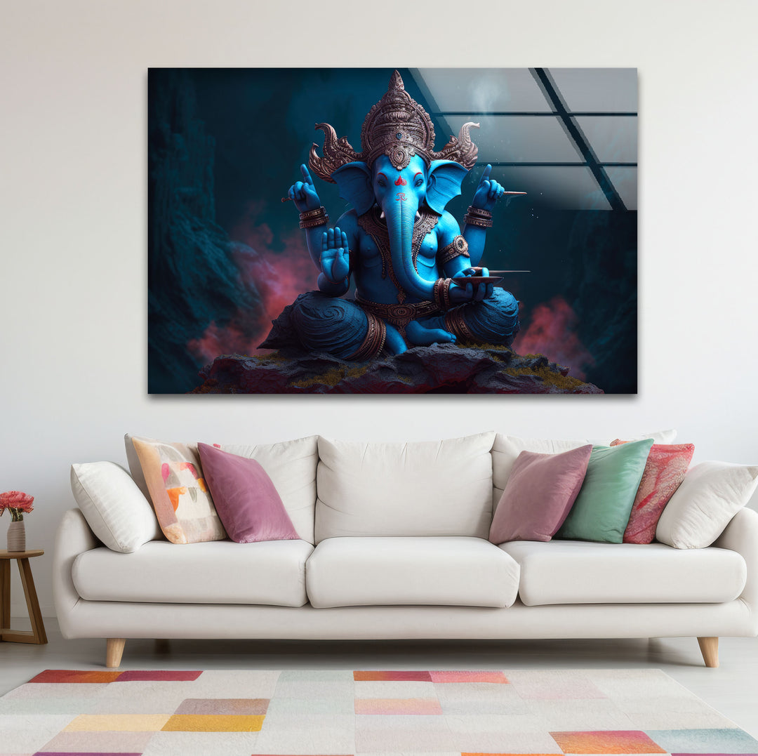 Blaue Ganesha-Wandkunst – Göttliche Hindu-Gottheit – Glasdruck für spirituelles Dekor 