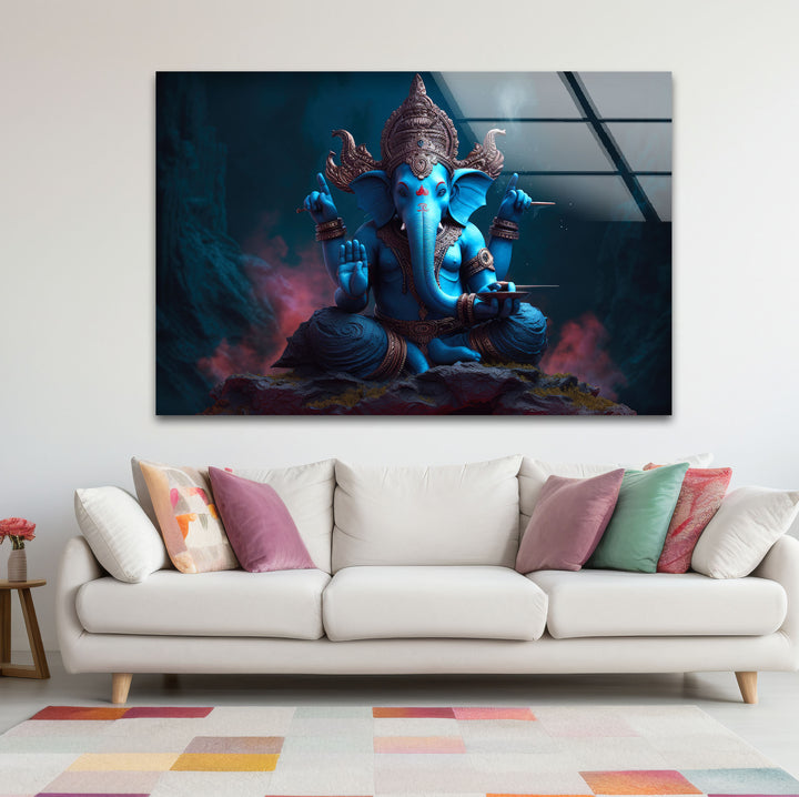 Blaue Ganesha-Wandkunst – Göttliche Hindu-Gottheit – Glasdruck für spirituelles Dekor 