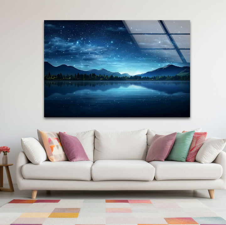Starry Night Lake Wall Art – Tranquil Mountain Reflection Glass Print for Interior Elegance