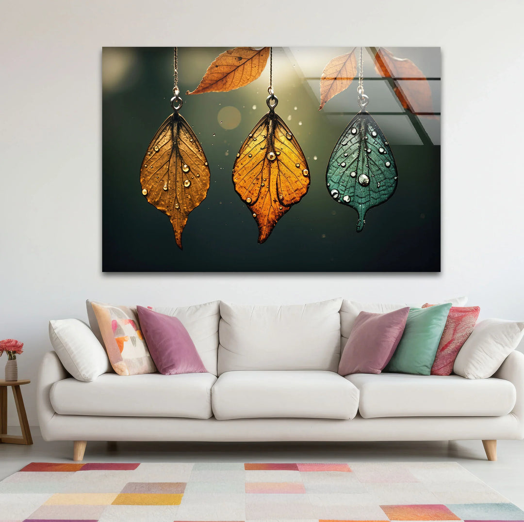 Autumn Dew Leaf Wall Art – Elegant Nature-Inspired Print with Golden & Teal Hues - MyPhotoStation