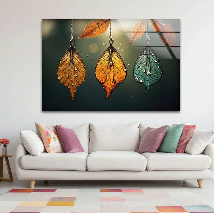 Autumn Dew Leaf Wall Art – Elegant Nature-Inspired Print with Golden & Teal Hues - MyPhotoStation