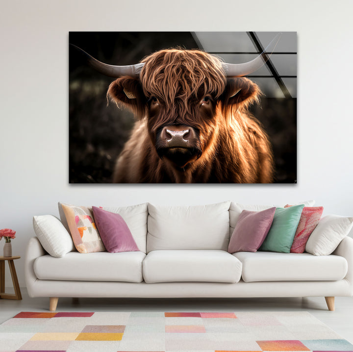 Highland Cow Wall Art – Rustic Brown Longhorn Glass Print Décor