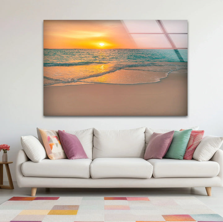 Tranquil Sunset Beach Wall Art – Coastal Ocean Waves with Soft Orange Glow - MyPhotoStation