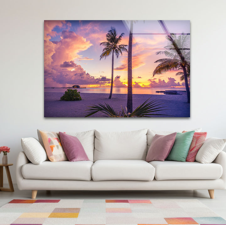 Tropical Sunset Beach Wall Art – Vibrant Palm Tree Ocean Scene Glass Print for Relaxing Home Decor