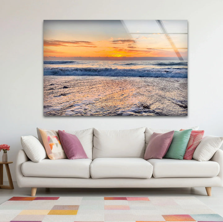 Golden Horizon Ocean Wall Art – Peaceful Sunset Beach Scene Glass Print - MyPhotoStation