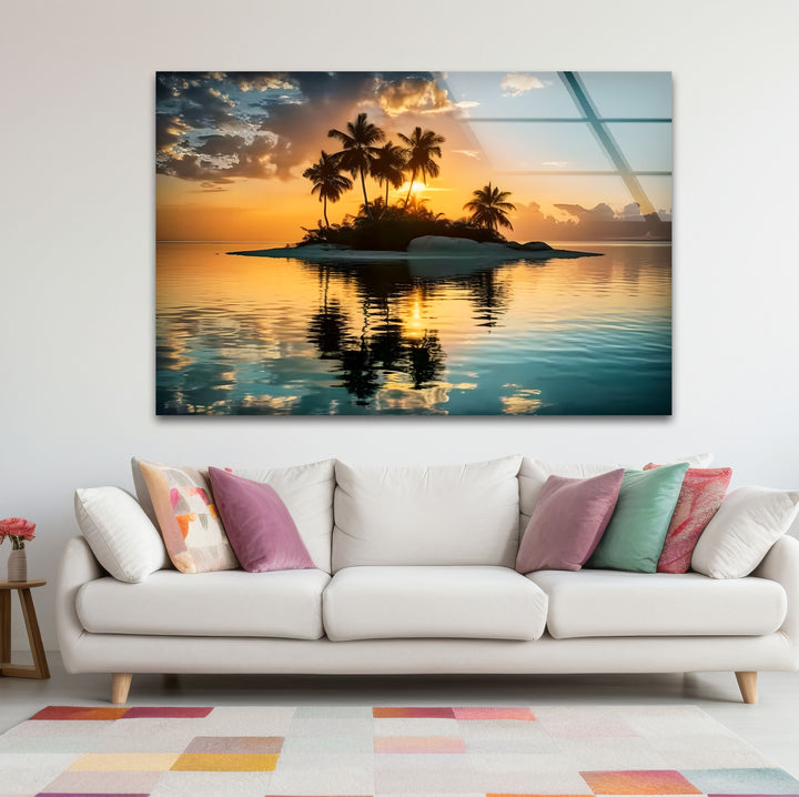 Tropical Island Sunset Wall Art – Serene Beach Glass Print for Relaxing Interiors