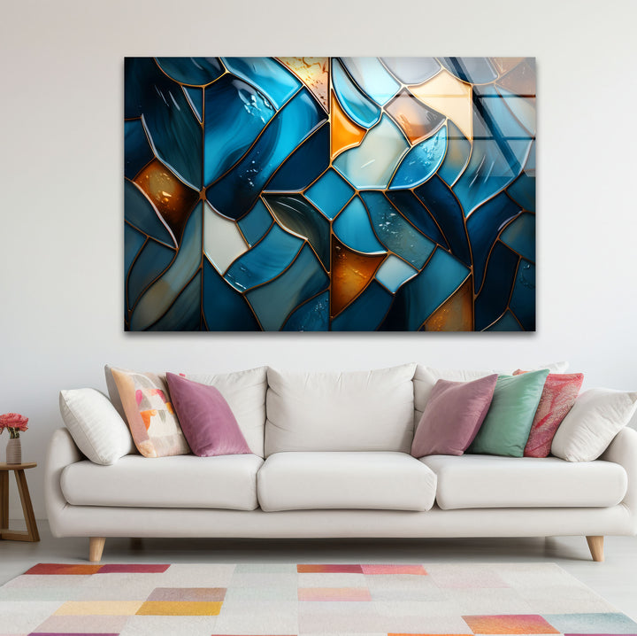 Blue Stained Glass Wall Art – Abstract Mosaic Glass Print Decor