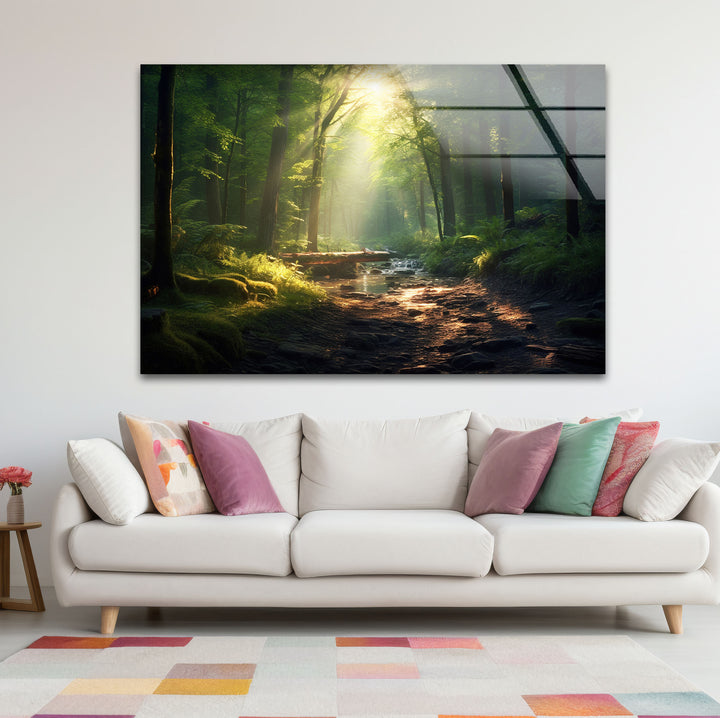 Sunlit Forest Stream Wall Art – Peaceful Nature Path Glass Print for Calming Decor