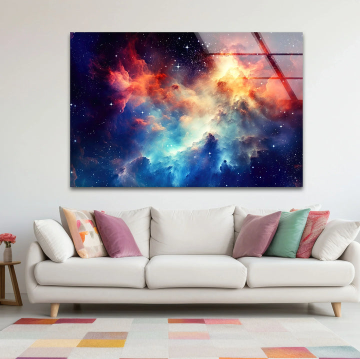 Nebula Galaxy Wall Art – Cosmic Cloud Glass Print with Vibrant Blue & Red Starburst for Futuristic Space-Inspired Decor - MyPhotoStation
