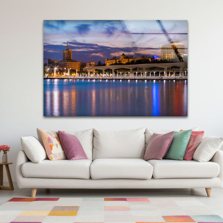 Malaga Waterfront Cityscape Wall Art – Dusk Skyline Glass Print for Urban Decor