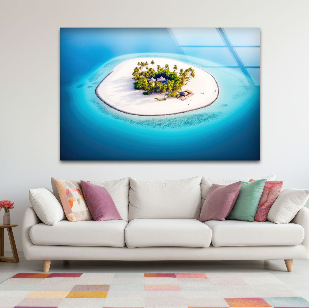 Tropical Island Wall Art – Aerial Beach Paradise Glass Print for Coastal Interiors