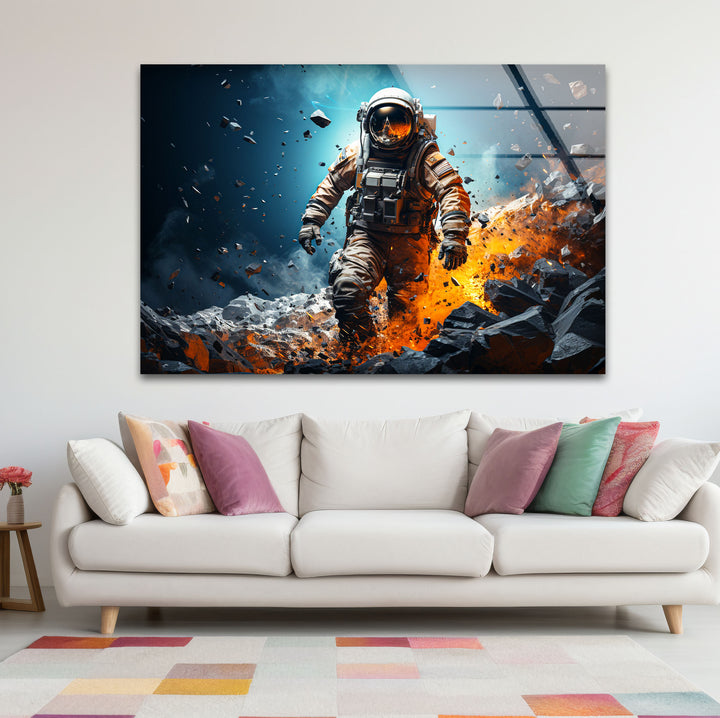 Explodierende Astronauten-Wandkunst – Weltraum-Feuer- und Steinglasdruck für mutige Innenräume