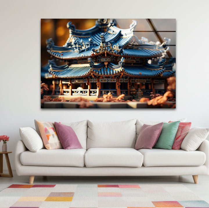 Traditional Asian Temple Wall Art – Blue Pagoda Architecture Glass Print for Cultural Decor