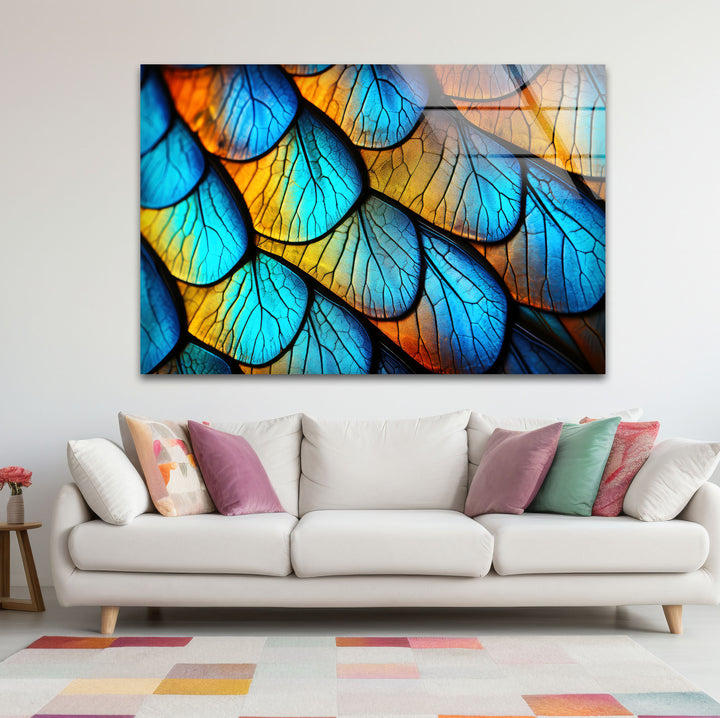 Blue Gold Leaf Texture Wall Art – Abstract Nature Pattern Glass Print