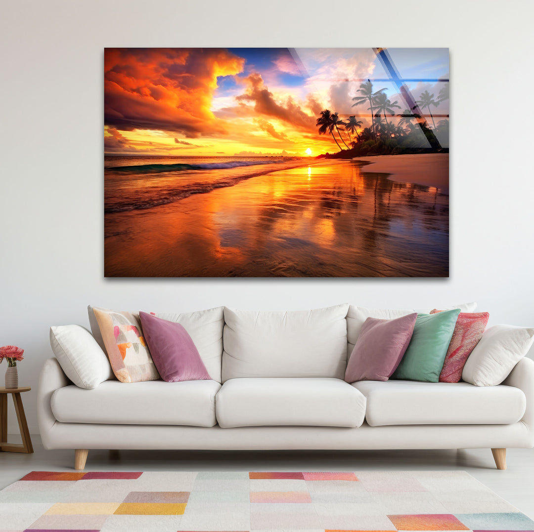 Fiery Tropical Sunset Wall Art – Vibrant Beach Reflection Glass Print for Bold Interiors
