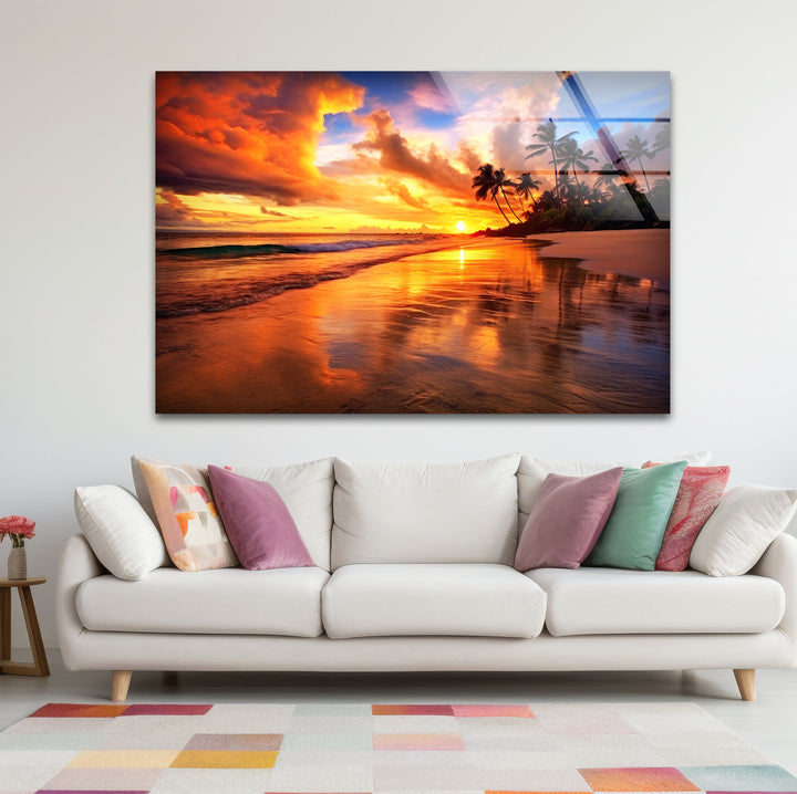 Fiery Tropical Sunset Wall Art – Vibrant Beach Reflection Glass Print for Bold Interiors