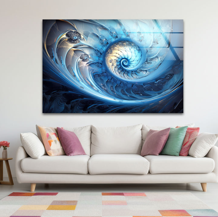 Blue Fractal Spiral Wall Art – Abstract Nautilus Glass Print for Modern Interiors