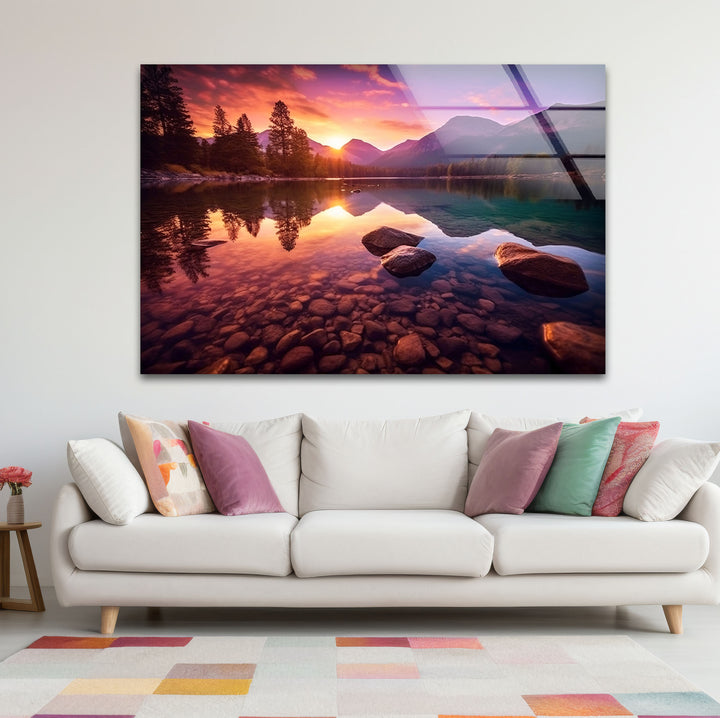 Bergsee Sonnenuntergang Wandkunst – Ruhige Natur Glas Landschaft Dekor