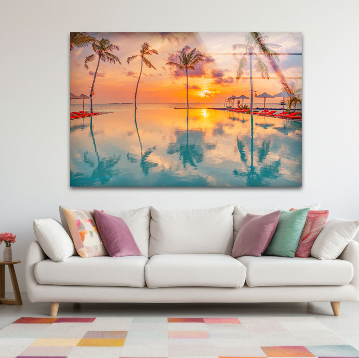 Luxury Tropical Sunset Wall Art – Infinity Pool & Palm Tree Glass Print for Coastal and Resort-Inspired Interiors