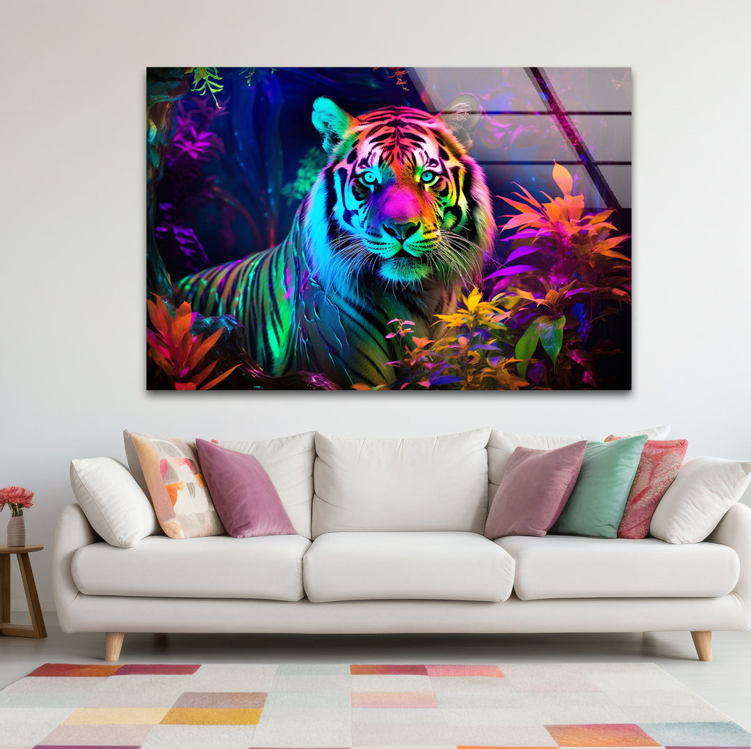 Neon Jungle Tiger Wandkunst – Lebendiger Wildlife-Glasdruck für mutige Innenräume