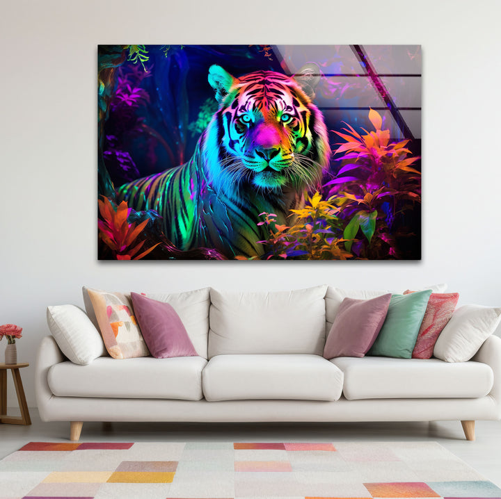 Neon Jungle Tiger Wandkunst – Lebendiger Wildlife-Glasdruck für mutige Innenräume