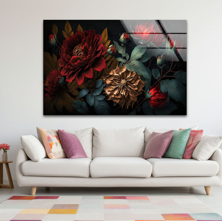 Dark Floral Elegance Wall Art – Red & Gold Botanical Glass Print