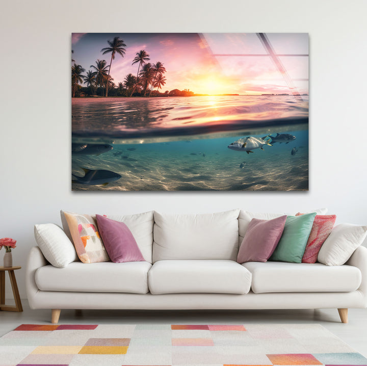 Tropical Ocean Split View Wall Art – Sunset and Underwater Scene Glass Print