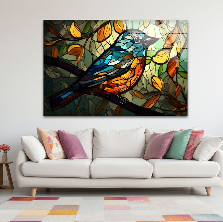 Stained Glass Bird Wall Art – Colorful Songbird on Branch, Nature-Inspired Decor
