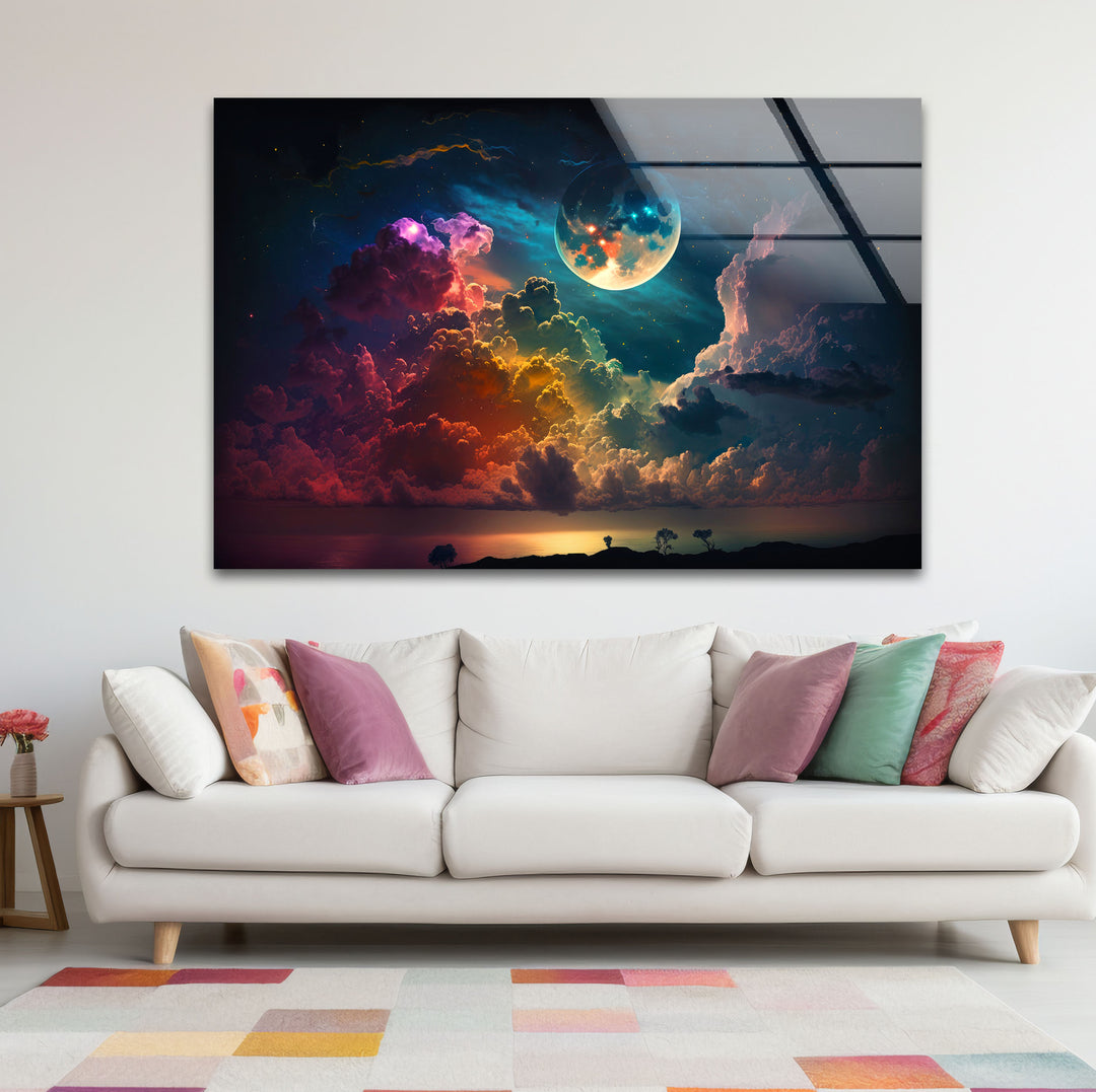Verträumte Mondaufgang-Wandkunst – Fantasy-Himmel und Wolken-Glasdruck