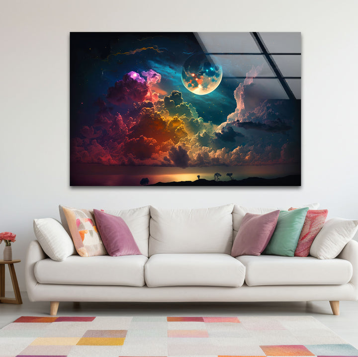 Verträumte Mondaufgang-Wandkunst – Fantasy-Himmel und Wolken-Glasdruck