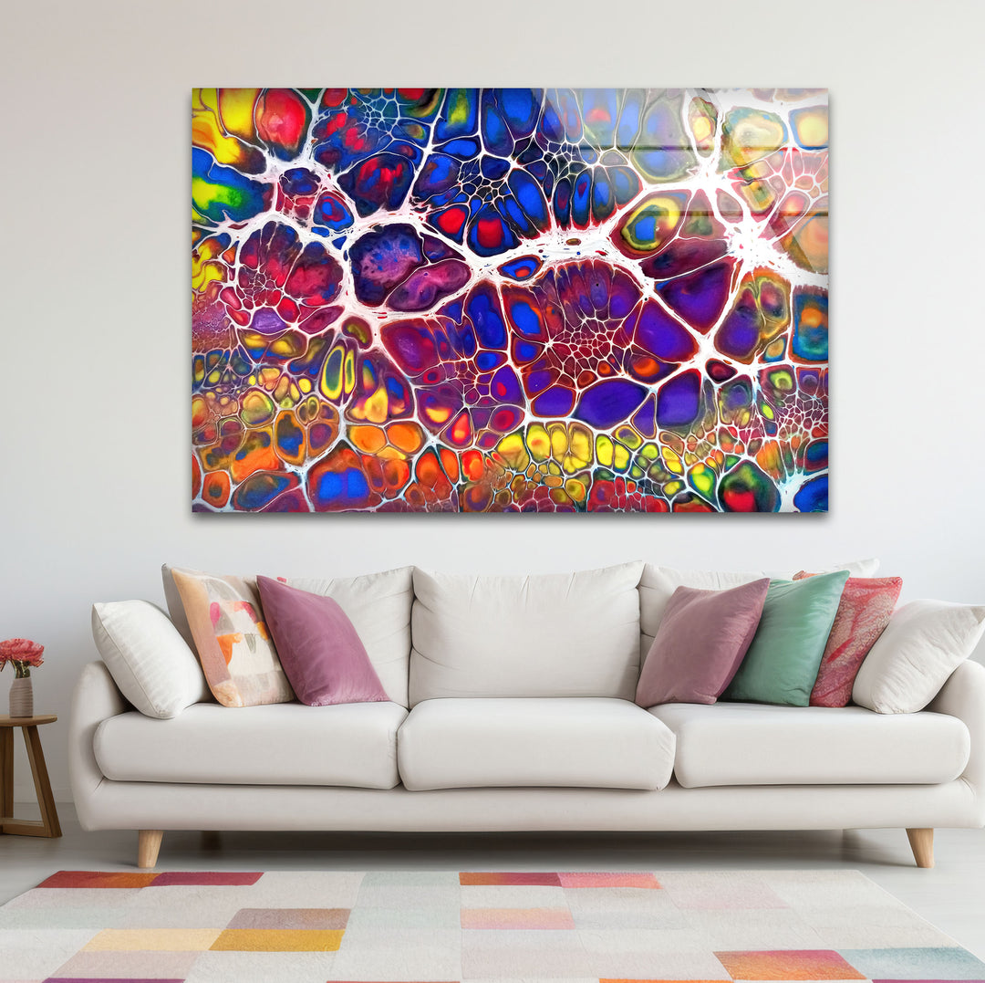 Farbenfrohe abstrakte Glaswandkunst – Lebendiges Fraktaldesign für moderne Innenräume